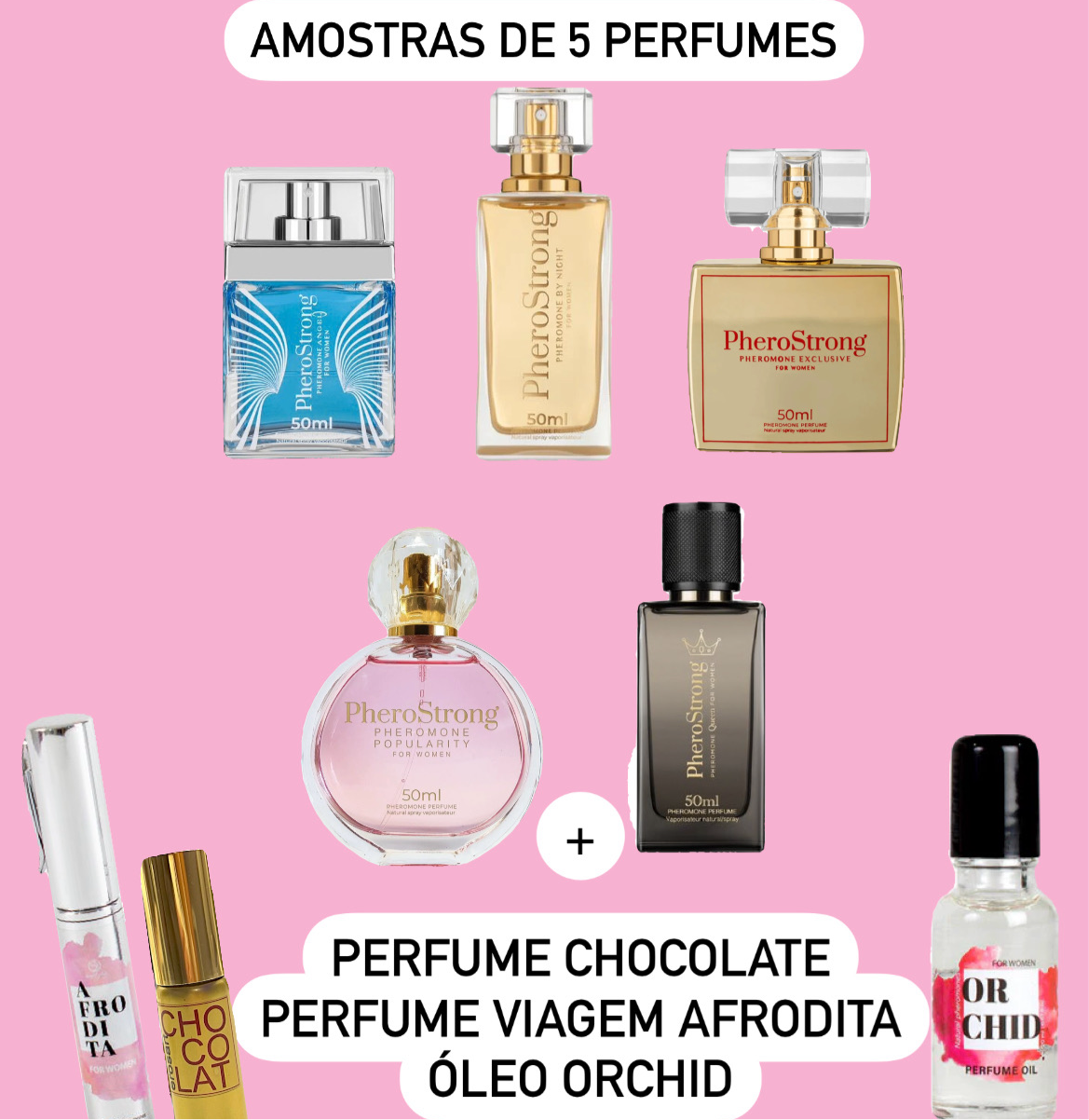 Conjunto PRÉ BLACK FRIDAY de 5 amostras+perfume Chocolate+perfume viagem Afrodita+óleo Orchid