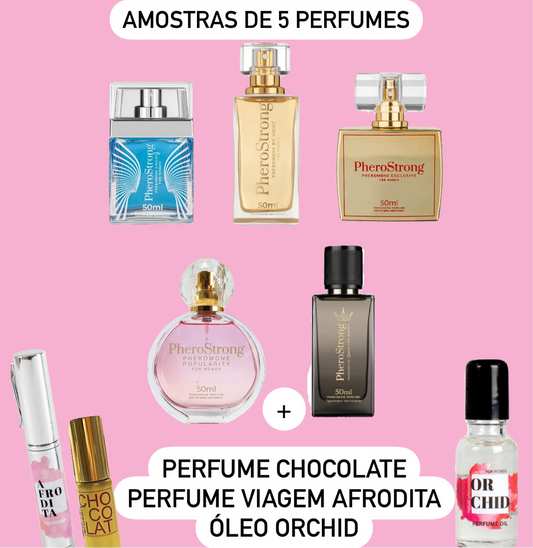 Conjunto PRÉ BLACK FRIDAY de 5 amostras+perfume Chocolate+perfume viagem Afrodita+óleo Orchid